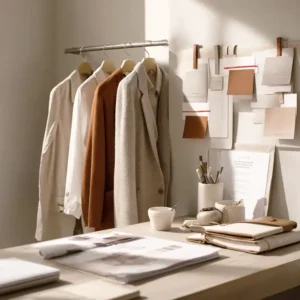 Tidy organised buyer desk with garments on rail in front of it