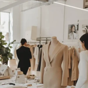 Buyers assessing garment fits on mannequins