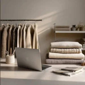 Rails of garments behind a fashion buyer's desk with a laptop