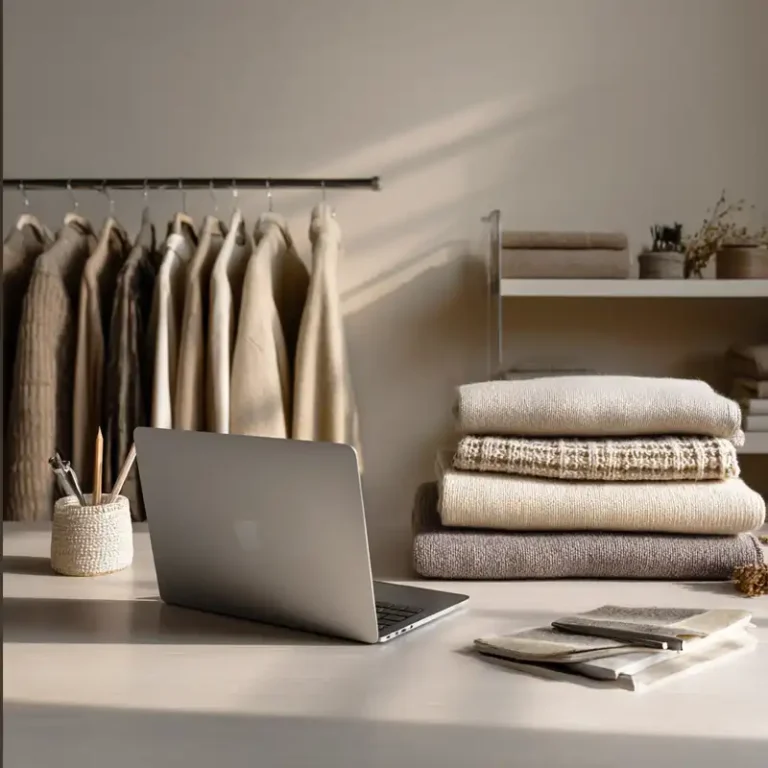 Rails of garments behind a fashion buyer's desk with a laptop