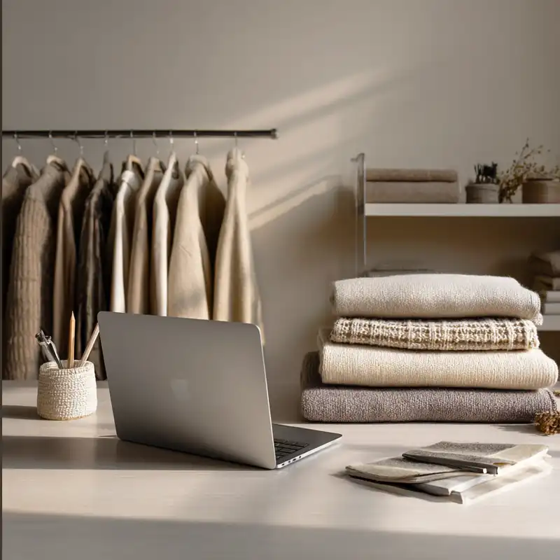Rails of garments behind a fashion buyer's desk with a laptop