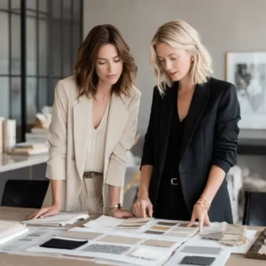 Two buyers reviewing fabric swatches in a buying office