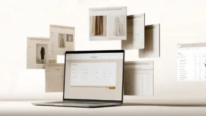 Open laptop with various window screen shots floating in the background