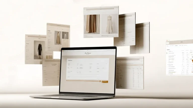Open laptop with various window screen shots floating in the background
