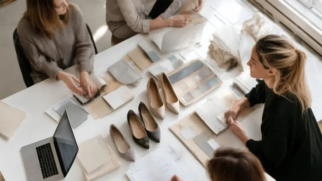 Small Buying Team reviewing shoe samples around meeting table