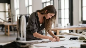 Buyer Measuring garment on large work desk
