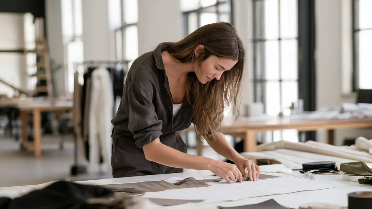 Buyer Measuring garment on large work desk
