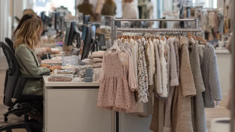 Fashion Buyer at desk in busy office. rail of children's garments bedside the desk