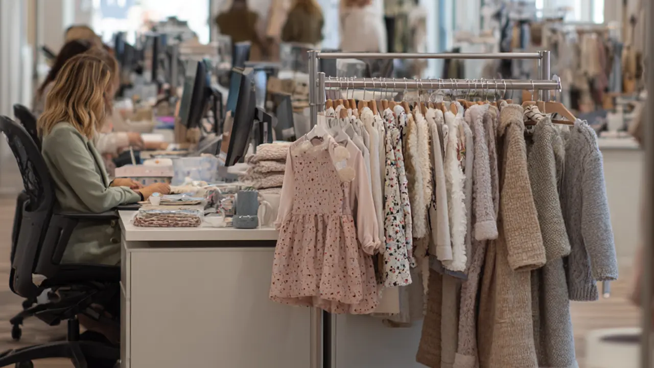Fashion Buyer at desk in busy office. rail of children's garments bedside the desk