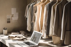 Fashion Buyers desk with open laptop and garments hanging on a rail in front