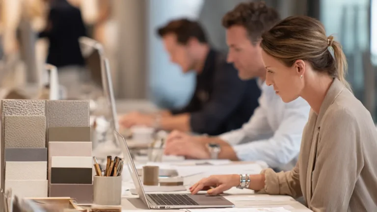 Buyers in retail office working side by side at a long desk