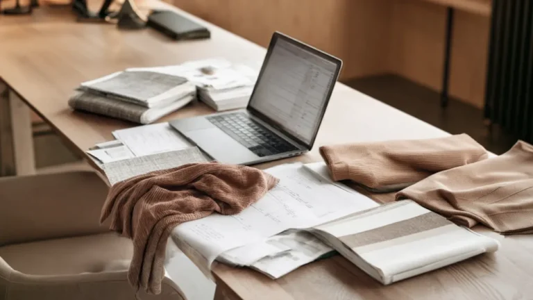 open laptop on desk showing sales sheets data. notebook and garments on desk
