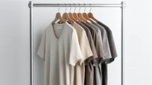 Selection of v-neck tee shirts hanging on a garment rail